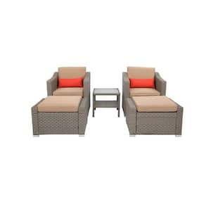 5-Piece Wicker Patio Conversation Set with Brown Cushions and Red Pillows