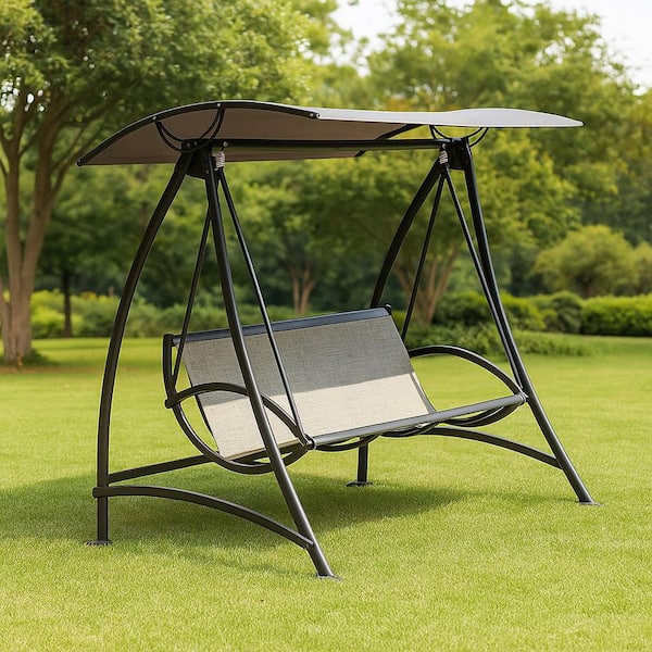 Aero 3-Person Outdoor Metal Patio Swing with Adjustable Canopy and Durable Steel Frame in Dark Brown for Garden, Deck,