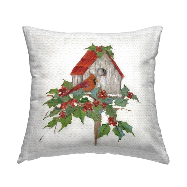 Stupell Industries Winter Plants and Birdhouse Red Square Outdoor Throw Pillow
