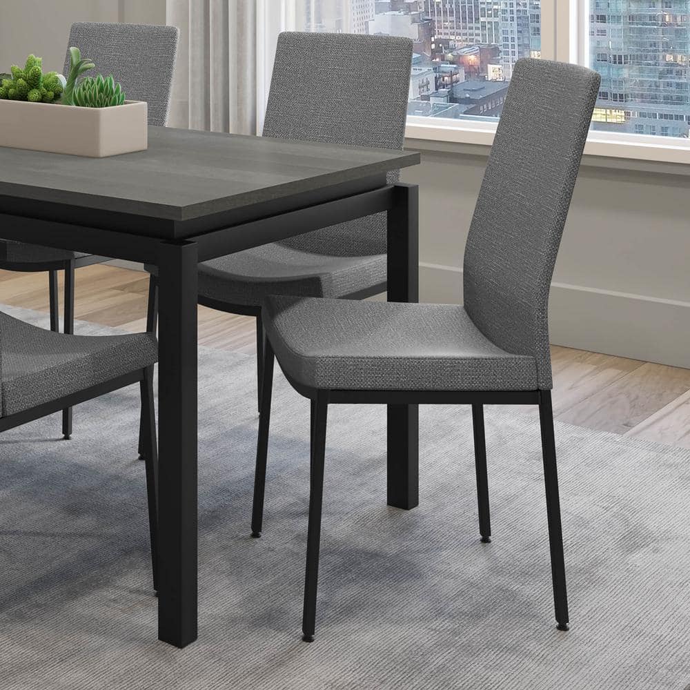 Grey Woven Fabric and Black Metal Parsons Side Chair