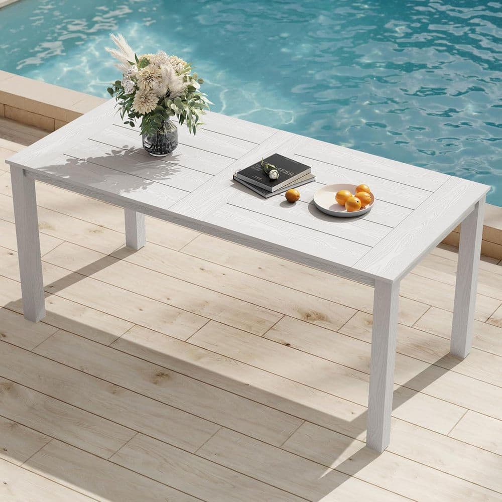 67 in. White Rectangular Plastic Outdoor Patio Dining Table for 4-6 Persons with Umbrella Hole