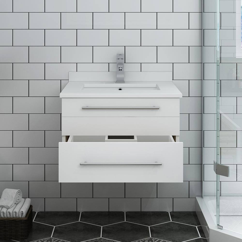 Sleek 24" White Quartz Top Modern Wall-Mounted Vanity with Ceramic Sink