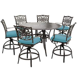 Seasons 7-Piece Metal Outdoor Dining Set in Blue with Cushions