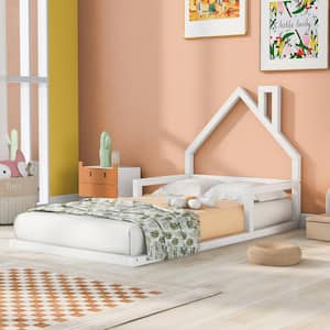 White Twin Size Wood Floor Bed Platform Bed with House-Shaped Headboard
