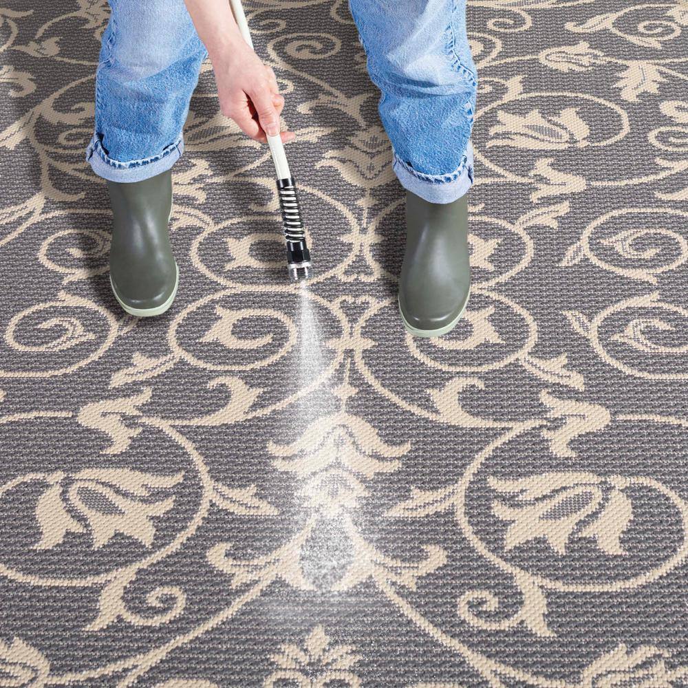 Grey and Natural Baroque Print Rectangular Synthetic Outdoor Rug