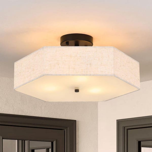 Farmhouse 17.7 in. 3-Light Matte Black Semi-Flush Mount Ceiling Light With Hexagonal Linen Fabric Shade