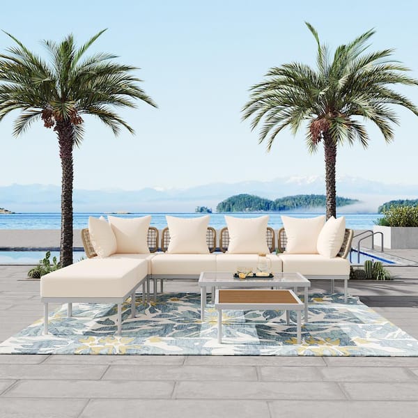 Unbranded White 8-Piece Metal Outdoor Sectional Set with Tempered Glass Coffee Table Wooden Coffee Table and Beige Cushions