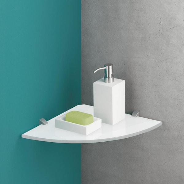 GLASS 11.8 in. x 11.8 in. x 0.31 in. White Corner Decorative Wall Shelf without Brackets
