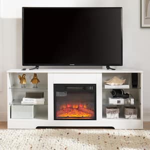 58 in. Electric Fireplace TV Stand with Glass Shelves, LED Lights, USB Charging Outlet Modern TV Table Center in White