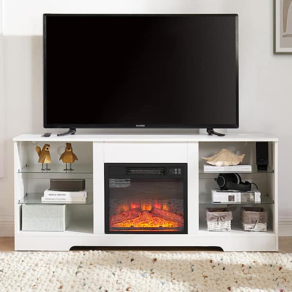 ToolCat 58 in. Modern Freestanding Electric Fireplace TV Stand with Glass Shelves, LED Lights, USB Charging Outlet in White