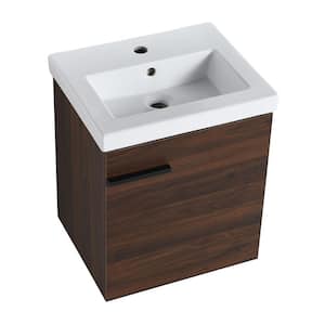 18.11 in. W x 15 in. D x 21 in. H Floating Bath Vanity in Brown with White Ceramic 1-Piece Basin Top (Walnut)