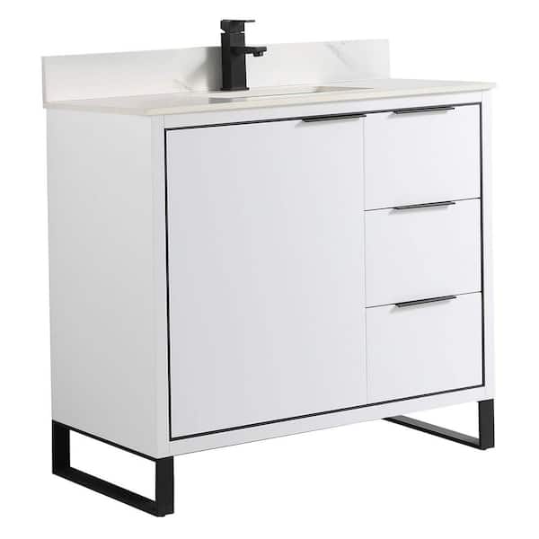 FINE FIXTURES Opulence 36 in. W x 18 in. D x 33.5 in. H Bath Vanity in White  Matte with White Carrara Single sink Top OL36WH-BLWC - The Home Depot