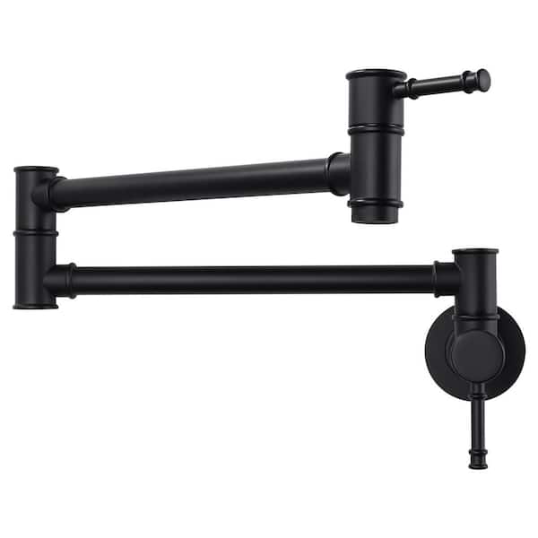 ARCORA Wall Mounted Folding Pot Filler with Double-Handle Stretchable Kitchen Sink Faucet in Matte Black
