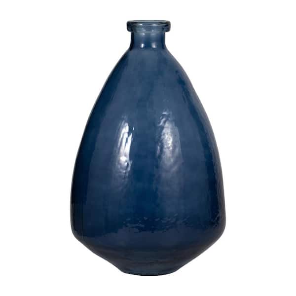 19 in. Blue Glass Round Balloon Decorative Vase with Curved Base