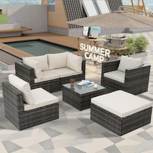 Gray 6-Piece Metal Wicker Outdoor Sectional Set with Beige Cushions and Tempered Glass Coffee Table