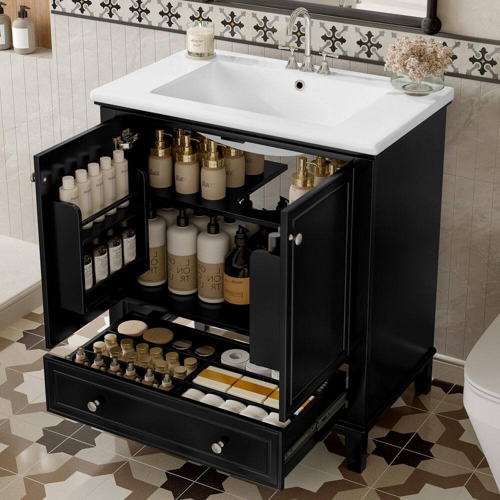 30 in. Single Sink Freestanding Black Bath Vanity with White Ceramic Sink Top, Solid Wood and MDF Board price history on PriceWatchPro