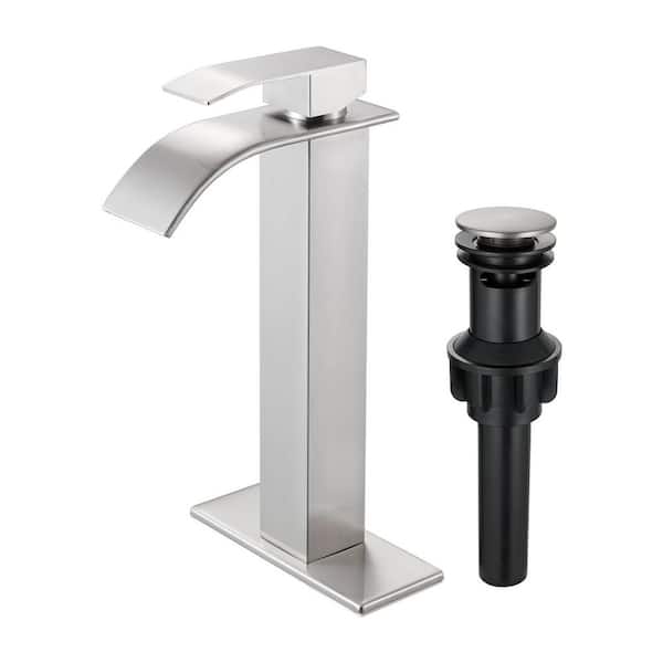 High Arc Waterfall Single Handle Single Hole Bathroom Faucet with Drain Kit Included in Brushed Nickel