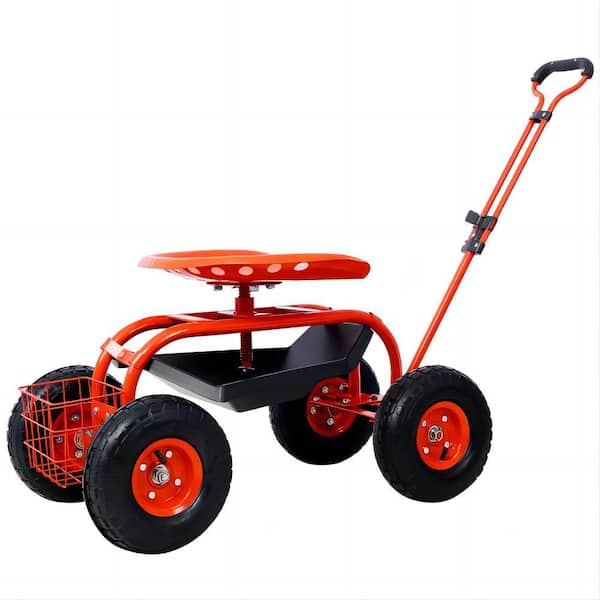 17.7 in. Red Iron Garden Cart Rolling Scooter with Tool Tray