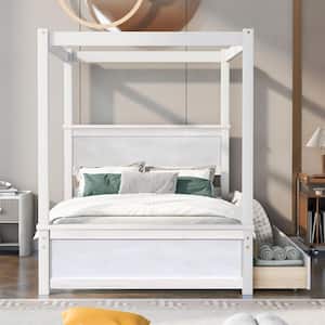 Brushed White Wood Frame Full Size Canopy Bed with 2-Drawers and 3-Central Support legs