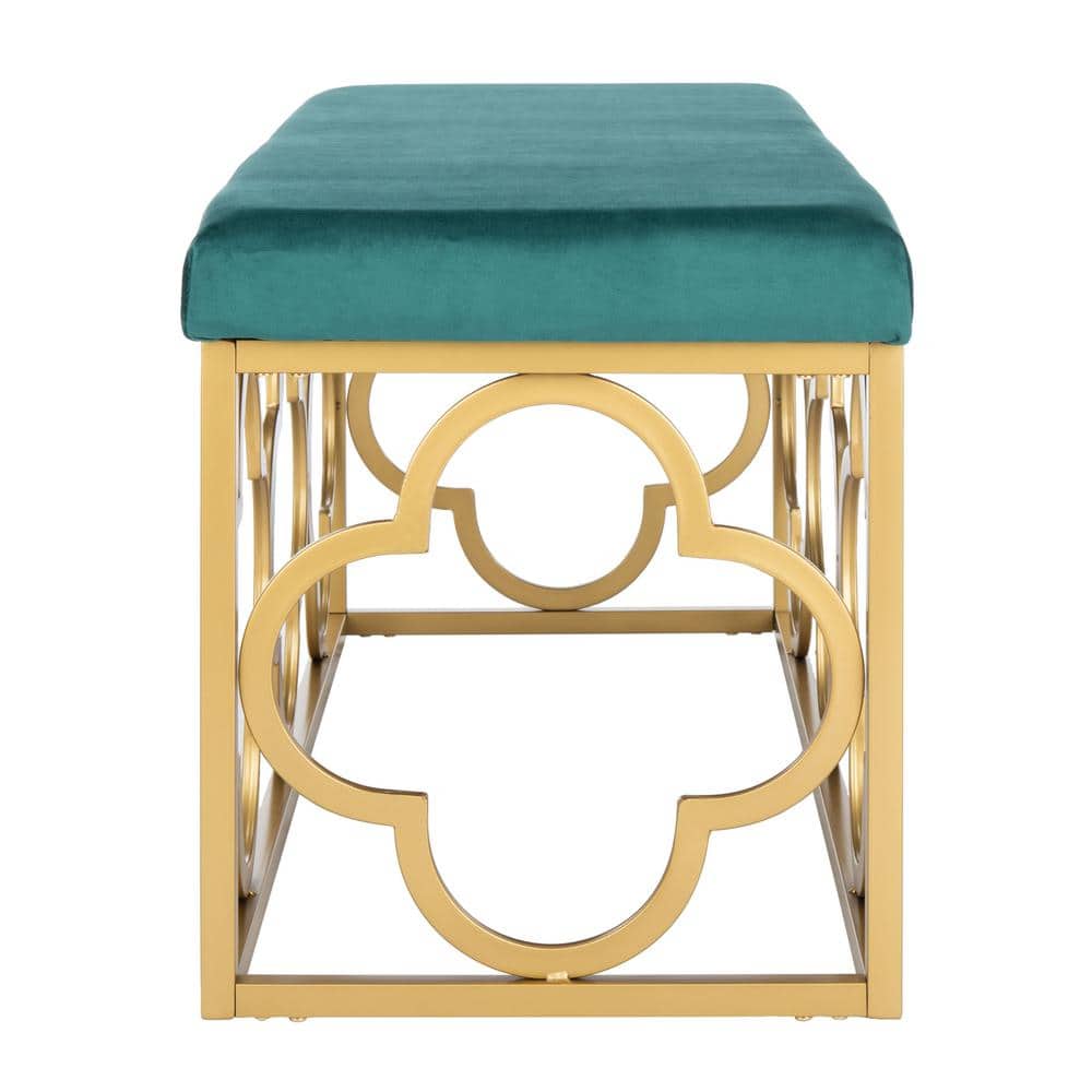 Emerald Velvet and Gold Quatrefoil 45" Bench