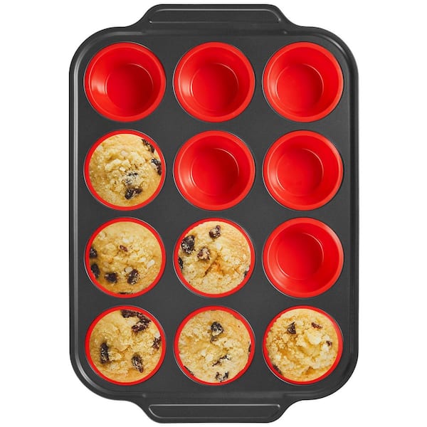 Silicone Muffin Pans with Metal Frame, Nonstick Non Toxic Bakeware for Oven, Red