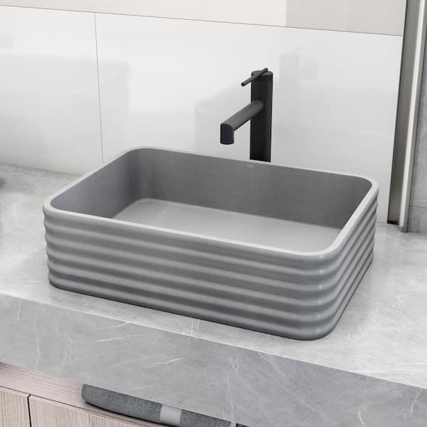 VIGO Cadman Concreto Stone Rectangular Bathroom Vessel Sink with Sterling Faucet and Pop-Up Drain in Matte Brushed Gold
