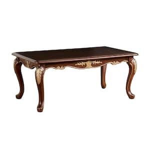 Saili 27.5 in. Tobacco Brown and Gold Rectangle Wood Coffee Table with Gold Carvings and Cabriole Legs