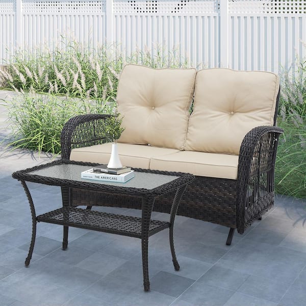 Dark Brown 2-Piece Wicker Glider Patio Conversatio Set with Beige Cushions