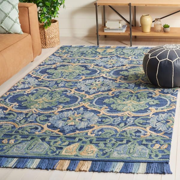 Blossom Navy/Green 8 ft. x 10 ft. Border Area Rug