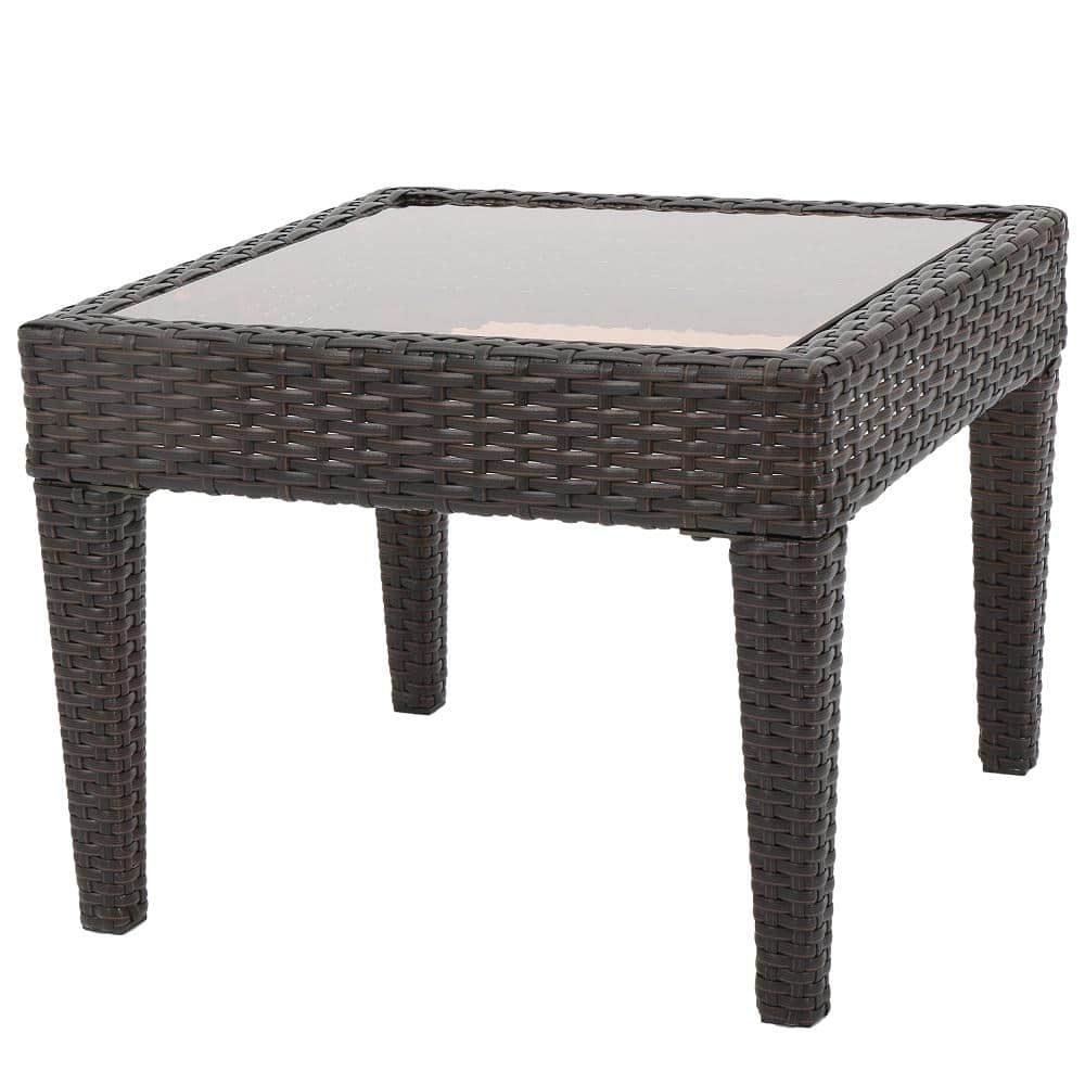 Brown Square Wicker Rattan Outdoor Side Table with Tempered Glass Top and P