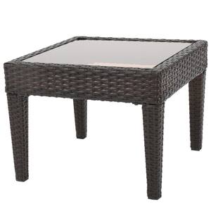 Brown Square Wicker Rattan Outdoor Side Table with Tempered Glass Top and Powder-Coated Iron