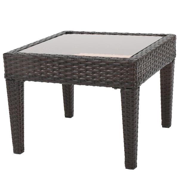 Unbranded Brown Square Wicker Rattan Outdoor Side Table with Tempered Glass Top and Powder-Coated Iron