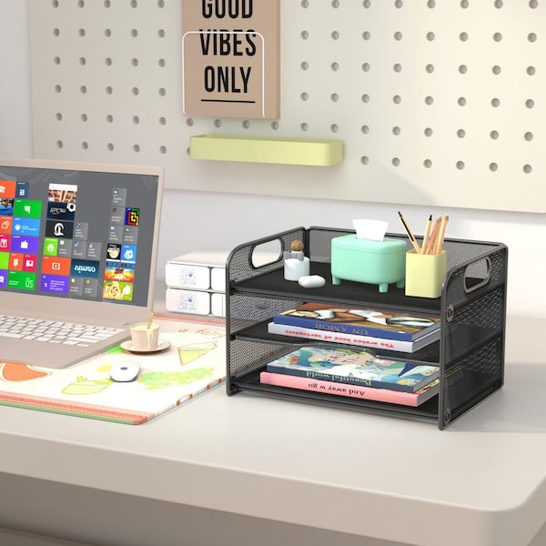 Black 12.8 in. x 1 1.22 in. Mesh 3-Tier Letter Tray Paper Organizer with Handle for Desk File Storage