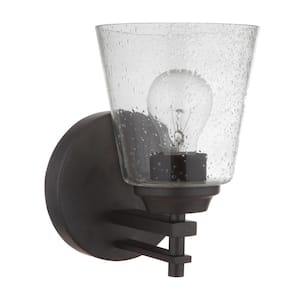 Drake 5.5 in. 1 -Light Flat Black Finish Wall Sconce with Clear Seeded Glass