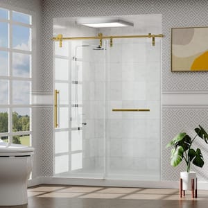 56-60 in. W x 76 in. H Frameless Glass Shower Door, Stainless Steel Handle, Noiseless, Waterproof, Shatterproof, Golden