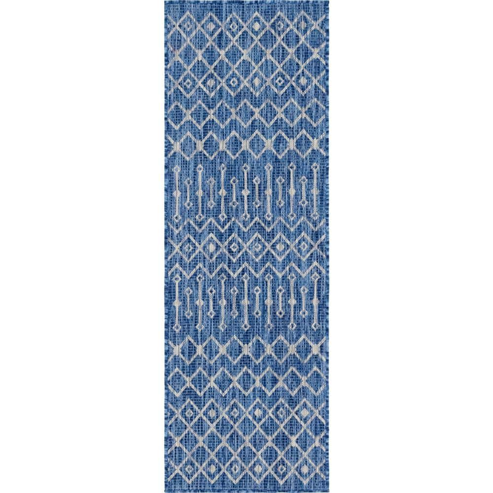 Unique Loom Azure Blue/Gray Tribal Trellis Outdoor 2 ft. x 6 ft. Runner ...