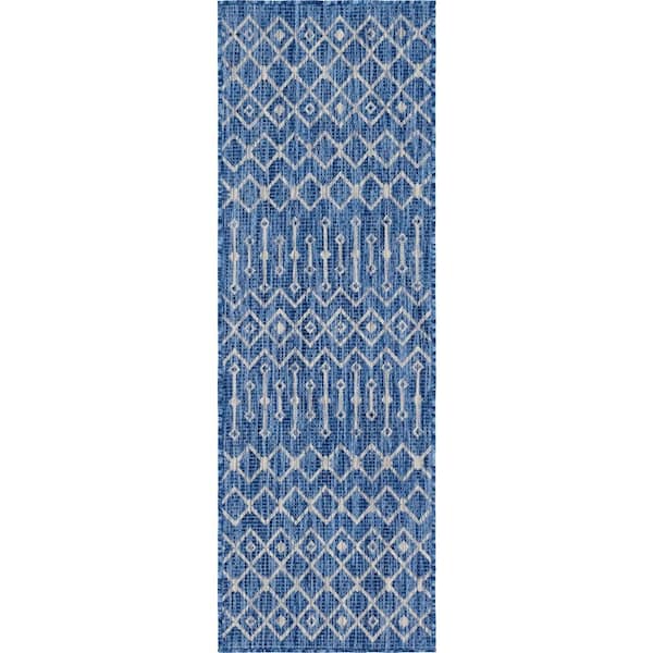 Azure Blue/Gray Tribal Trellis Outdoor 2 ft. x 6 ft. Runner Rug