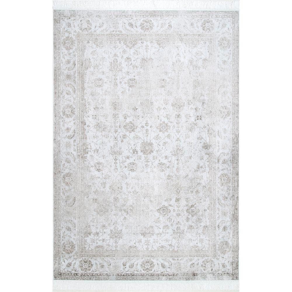 Ivory Floral Rectangular Viscose Area Rug with Fringe, 5' x 8'
