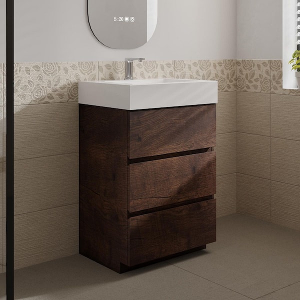 Aaby 24 in. W x 18 in. D x 37 in. H Bath Vanity Cabinet in Brown with White Solid Surface Top and Sink