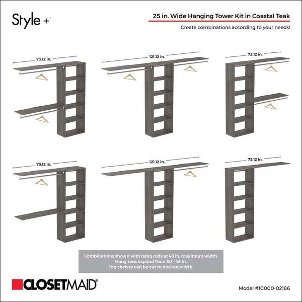 ClosetMaid Style+ 73.1 in W - 121.1 in W Coastal Teak Basic Wood Closet System Kit with Top Shelves and Modern Drawers