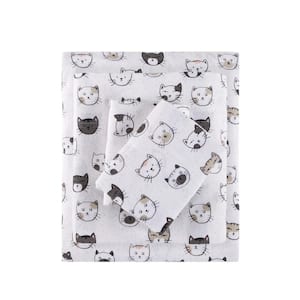 Cozy Soft 4-Piece Grey/Pink Cats Cotton Full Flannel Printed Sheet Set