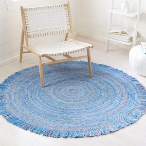 Braided Blue 4 ft. x 4 ft. Round Striped Geometric Area Rug