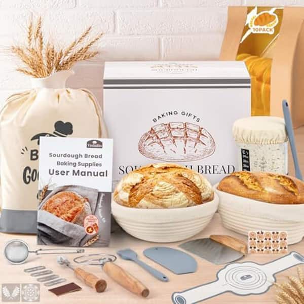 Sourdough Starter Kit with Bread Proofing Baskets, Dough Whisk, Lame, Scrapers, Flour Duster, Silicone Bread Sling