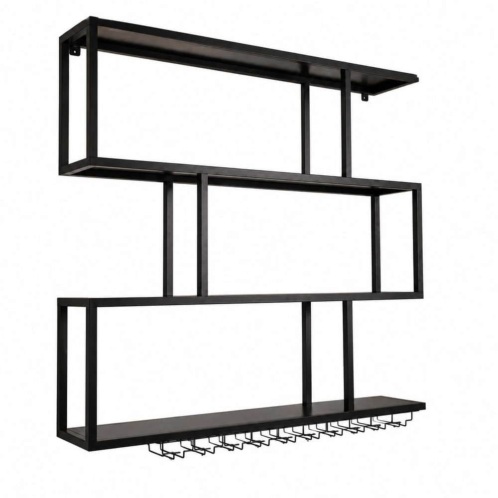70.9 in Wall Mounted Wine Rack with LED Light and Glass Holder, 4-Tier Steel Bar Shelf