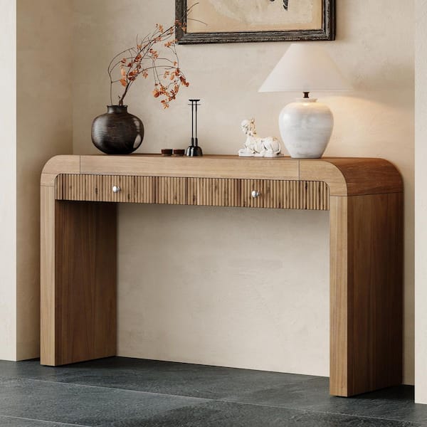 Wenton Modern 54.3 in. Natural Finish Rectangle Wood Entryway Console Table with Drawers and Curved Corners
