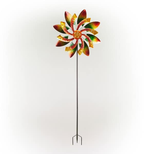 Alpine Corporation 64 in. Tall Floral Windmill Stake with Jeweled Kinetic Spinner, Green and Orange