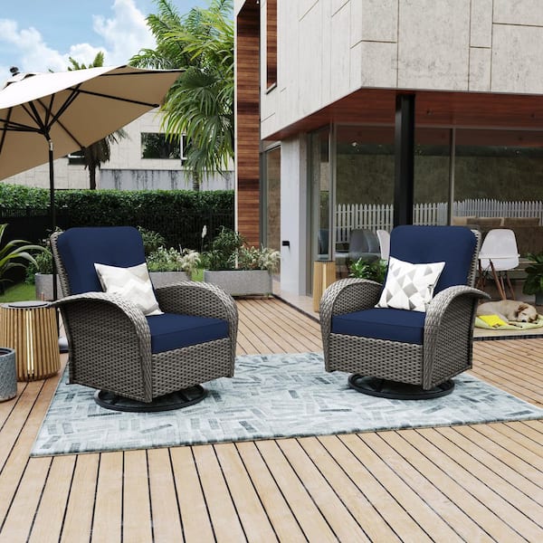 UPHA 2-Peice Gray Wicker Outdoor Rocking Chair Swivel Chair with Navy Blue Cushions