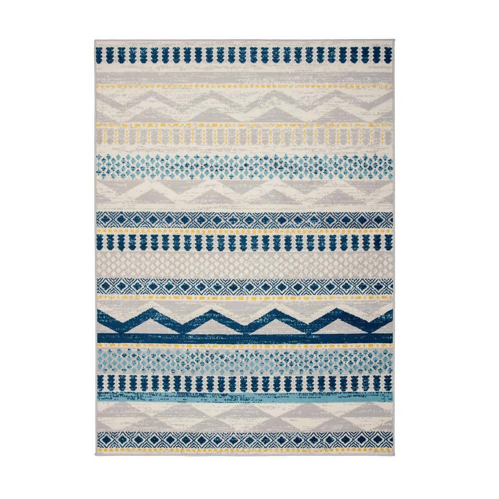 Boho Blue Geometric Tufted Synthetic Area Rug