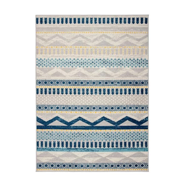 Boho Tribal Blue 3 ft. 3 in. x 5 ft. Geometric Area Rug