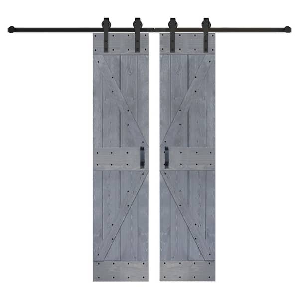 ISLIFE K Series 48 in. x 84 in. Weathered Gray Finished DIY Solid Wood Double Sliding Barn Door with Hardware Kit